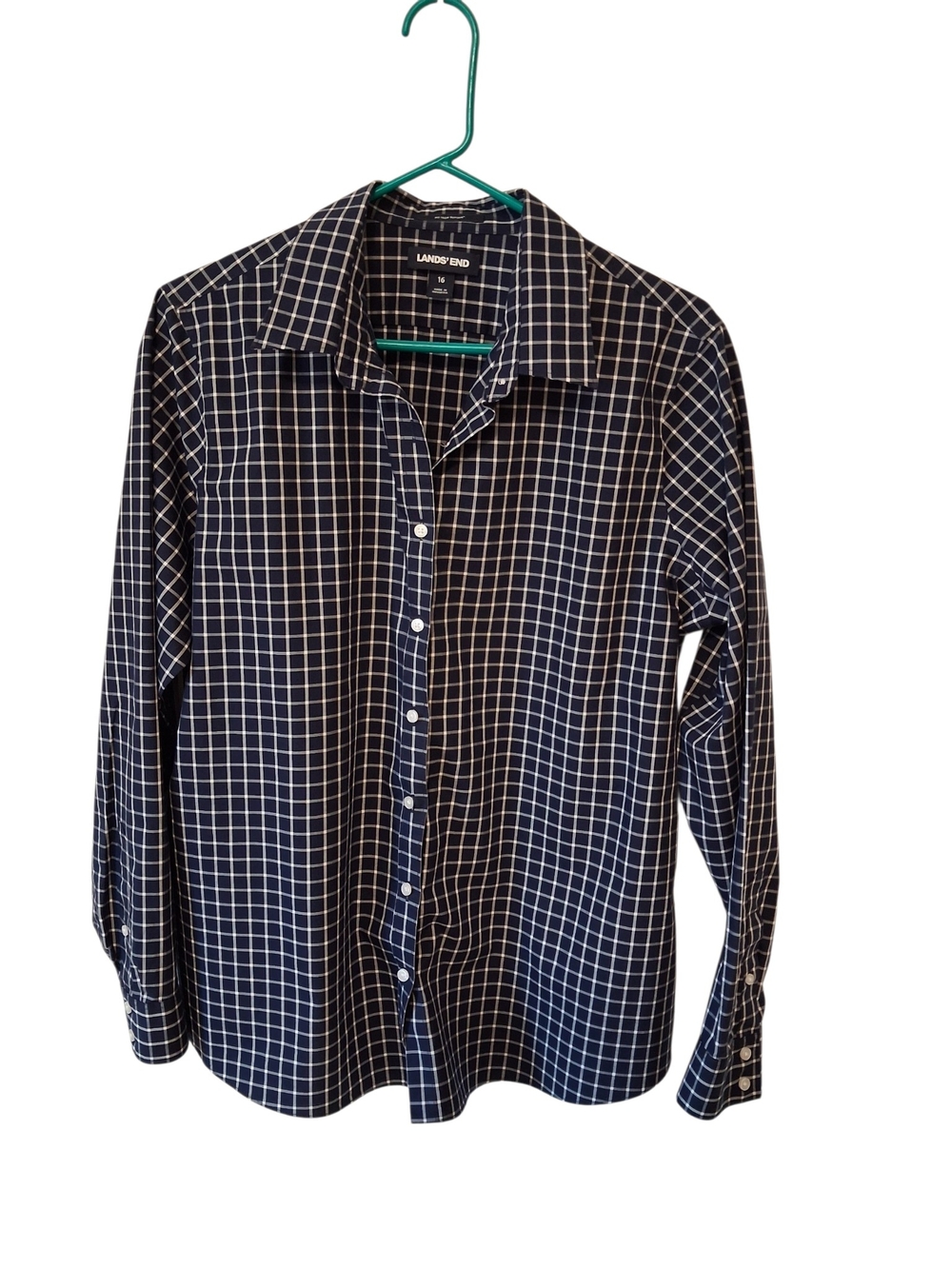 Lands' End Navy&White Windowpane Button-Down Shirt Size 16